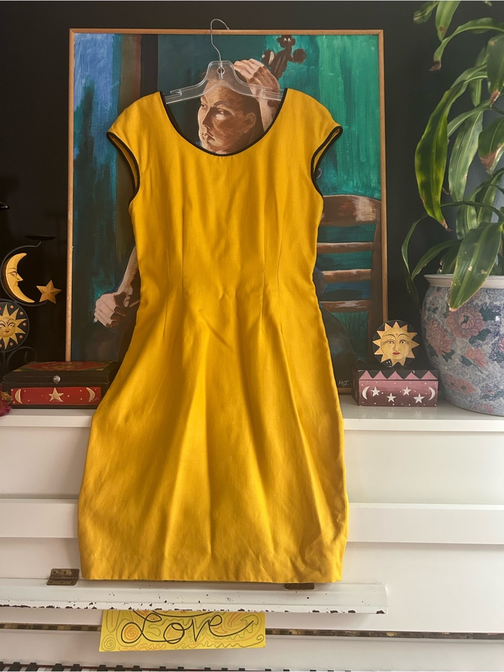 Vintage Nipon Boutique Mustard Yellow Black Trim Sheath Dress Size 10